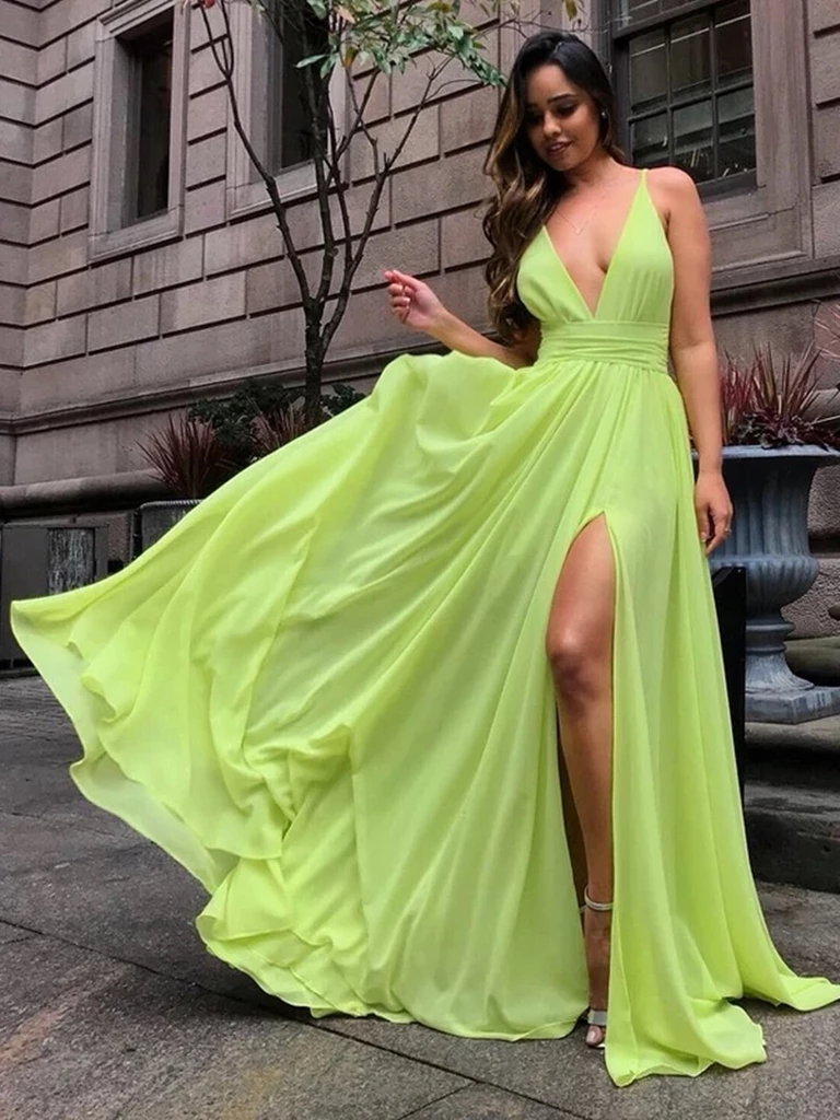 V Neck Bright Yellow Chiffon Long Prom ...